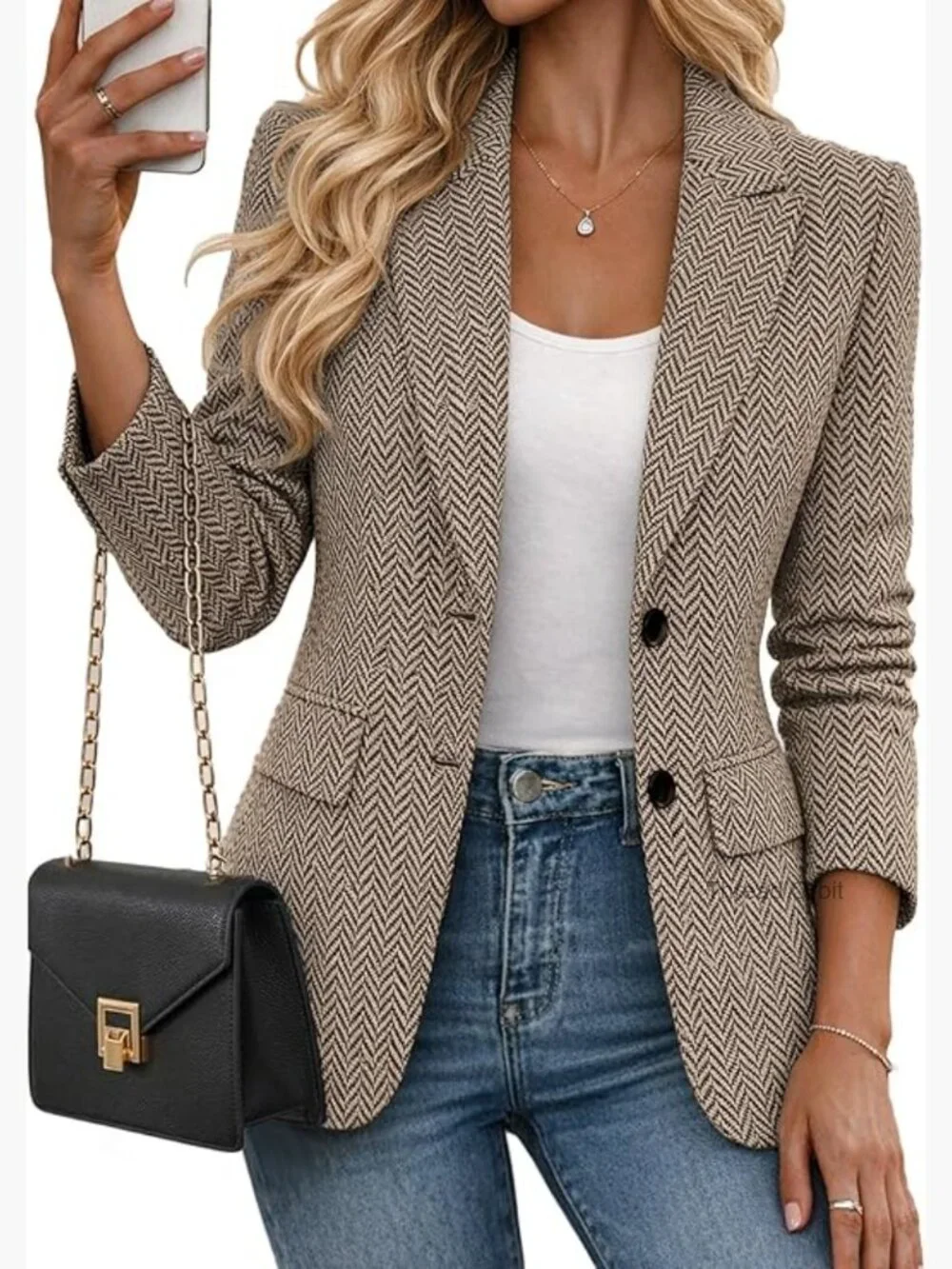 Herringbone Tweed Blazer Open Front Lined Pockets Work Office Casual - Picture 1 of 7